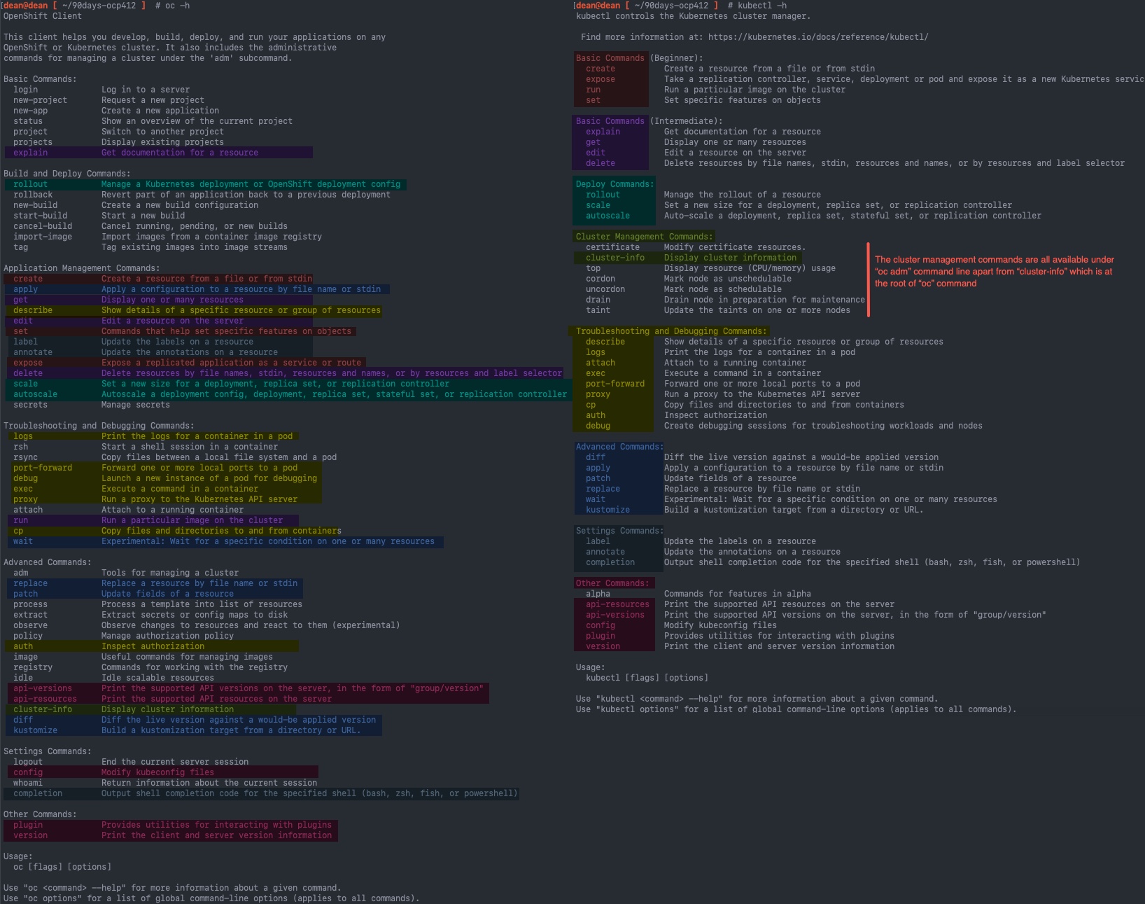 oc -help compared to kubectl -help